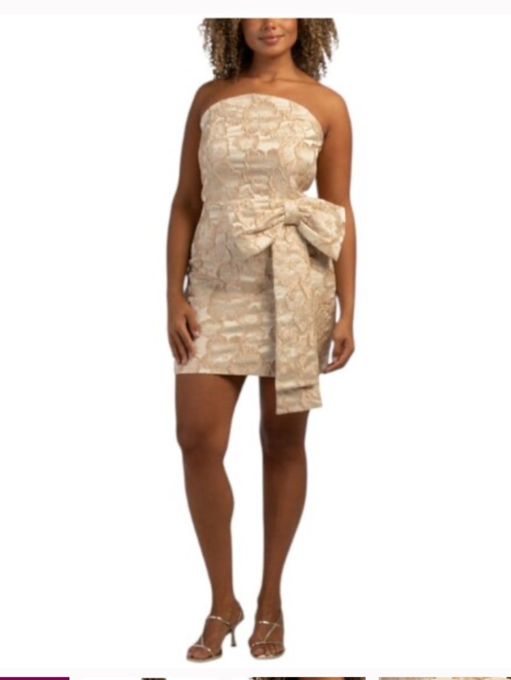 Endless Rose Strapless Floral Jacquard Mini Dress Front Bow Champagne Sz L NWT